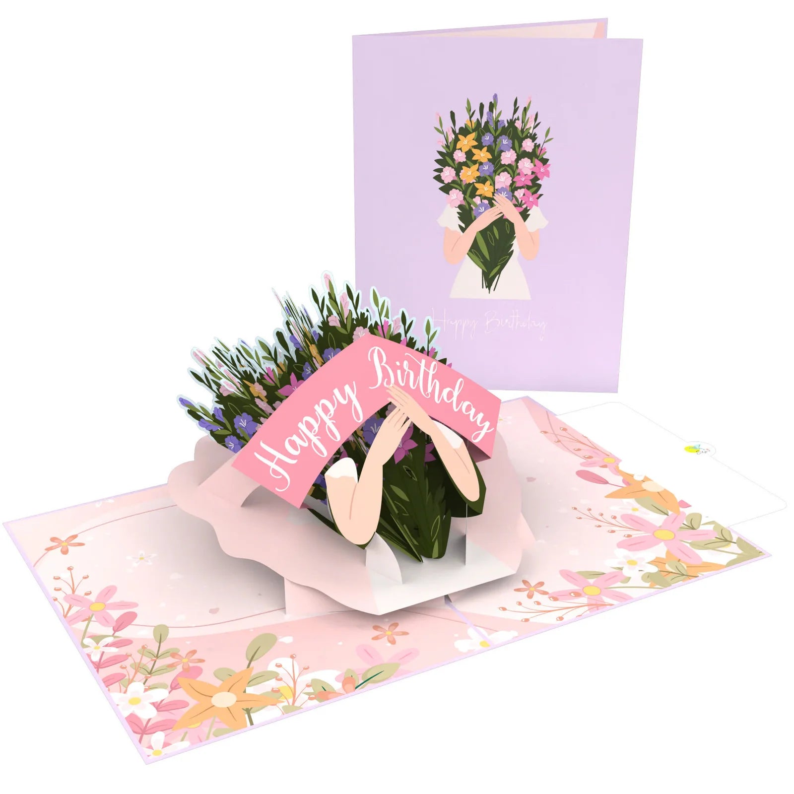 everpop 3D pop-up Birthday Bouquet card – mixed flower bouquet with Happy Birthday banner open with cover