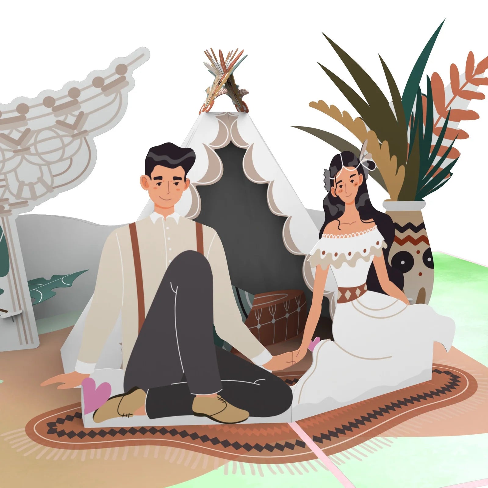 everpop 3D pop-up Bohemian Wedding card – close-up of boho couple and tipi pop-up