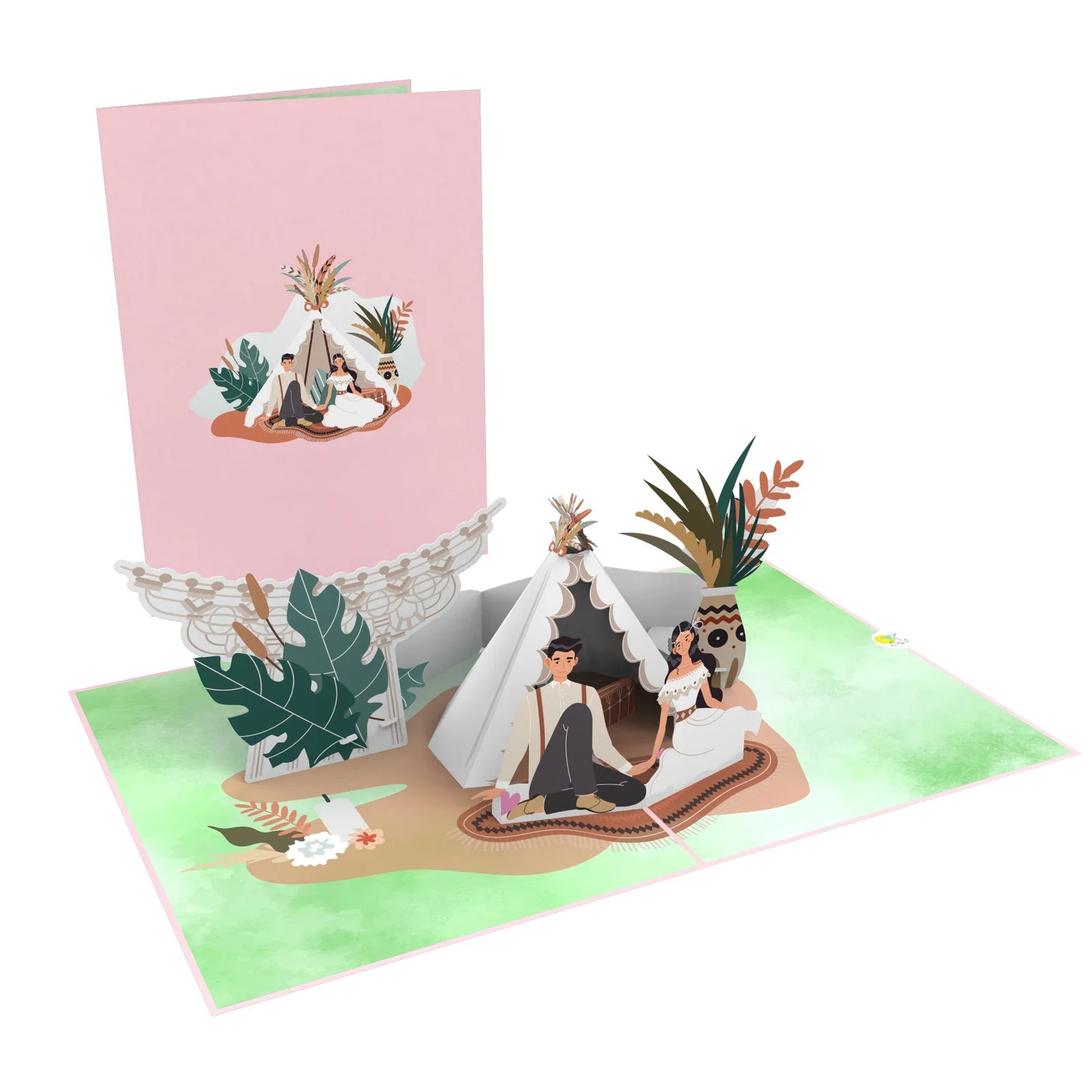 everpop 3D pop-up Bohemian Wedding card – couple under boho tent open with cover