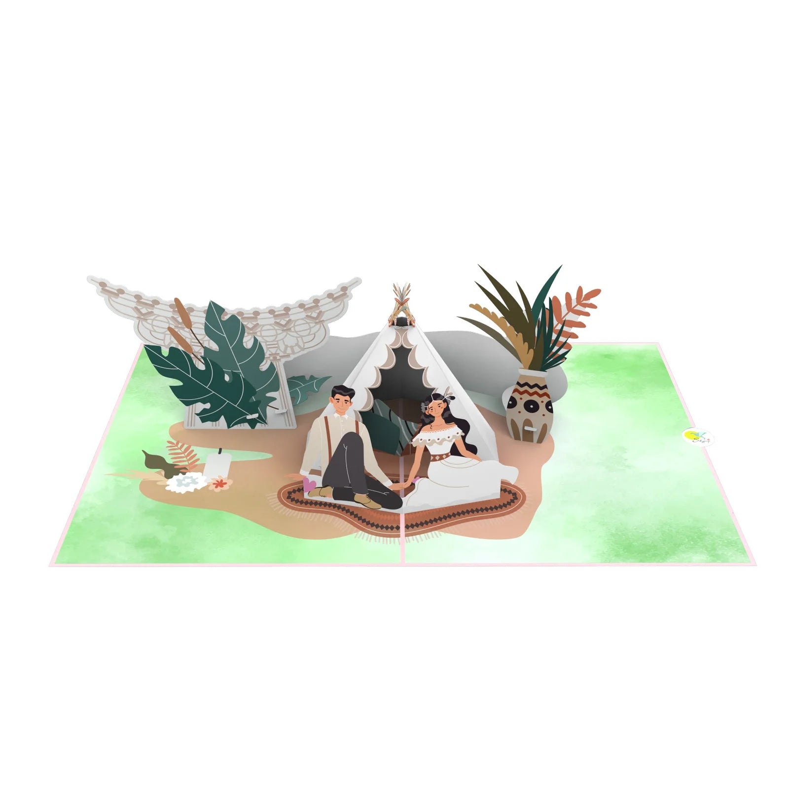 everpop 3D pop-up Bohemian Wedding card – open showing bohemian wedding scene