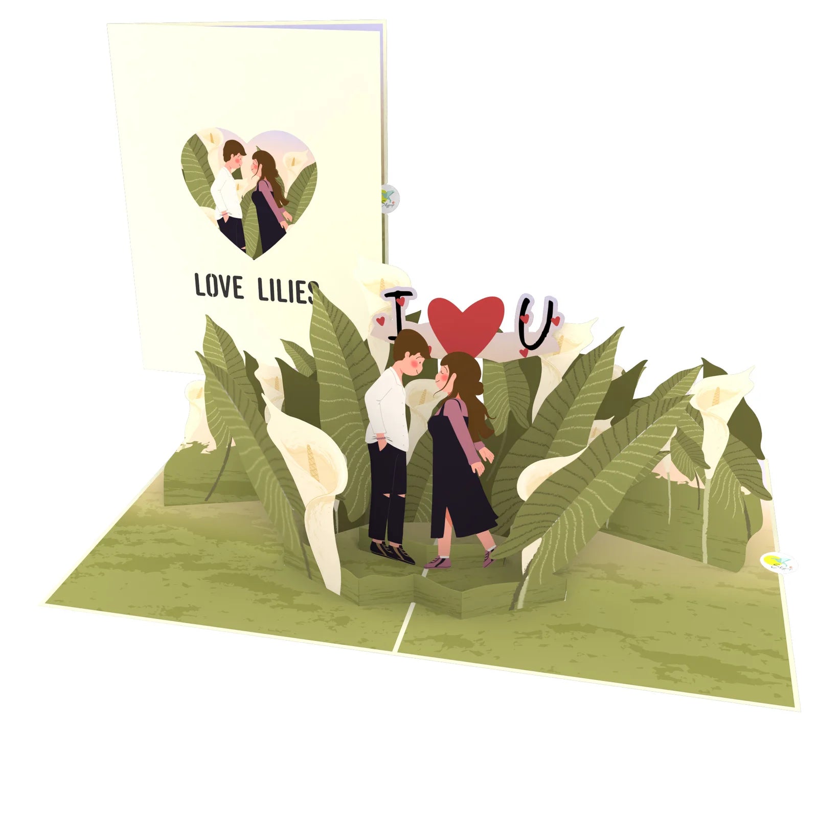 everpop 3D pop-up Calla Lily Field card – couple among tall lilies open with cover