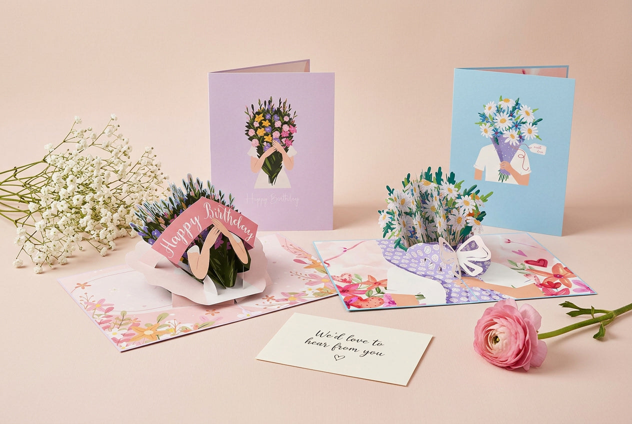 Two everpop 3D pop-up flower bouquet cards open on a peach surface with gypsophila, a pink ranunculus and a note saying we'd love to hear from you