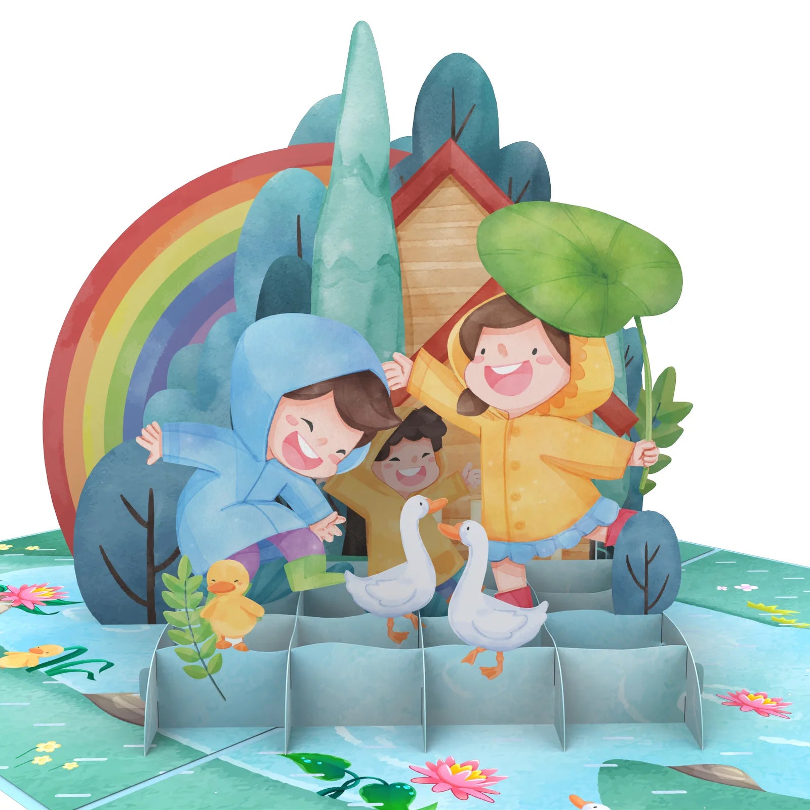 everpop 3D pop-up Dancing in the Rain card – close-up of kids and rainbow pop-up