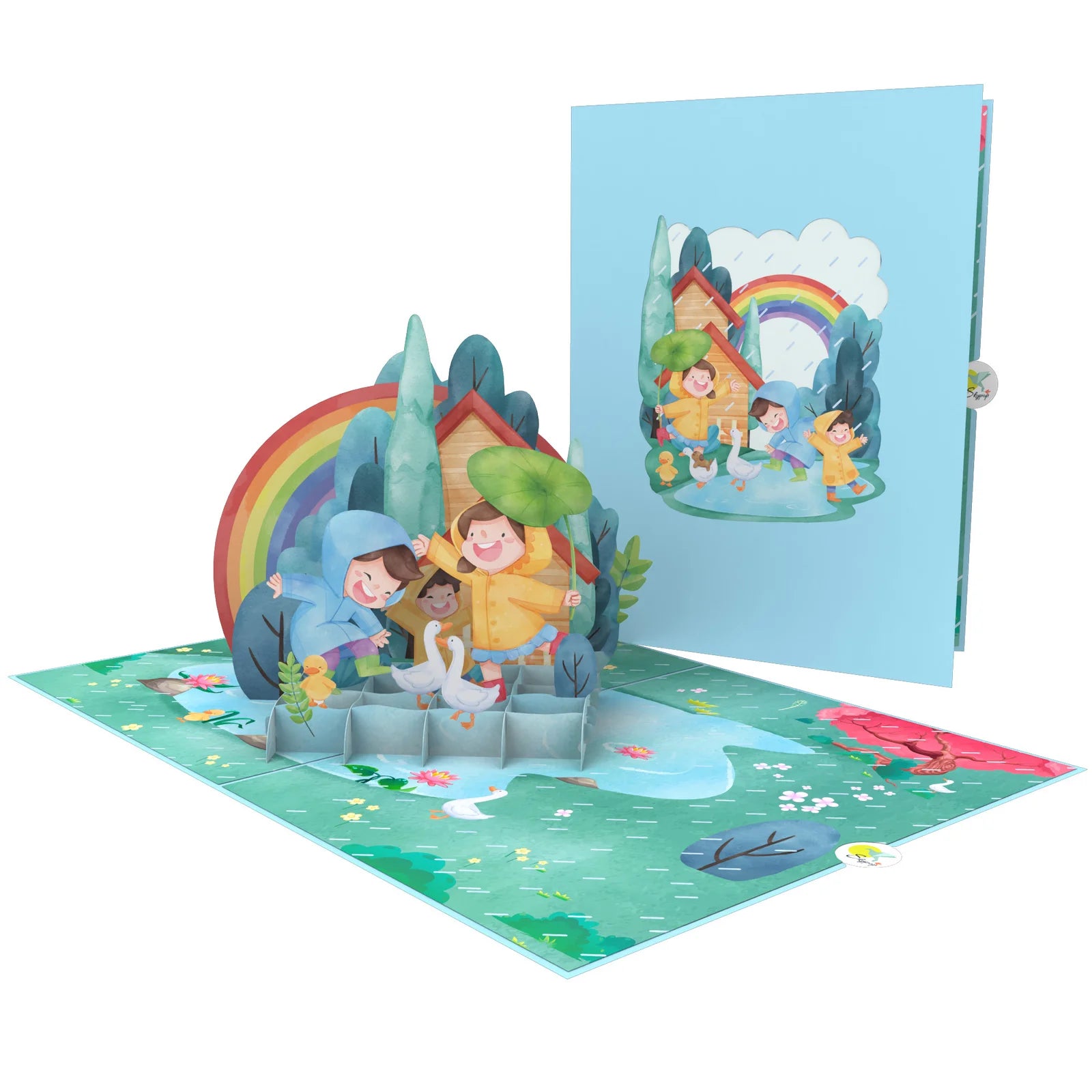 everpop 3D pop-up Dancing in the Rain card – children playing in rain open with cover