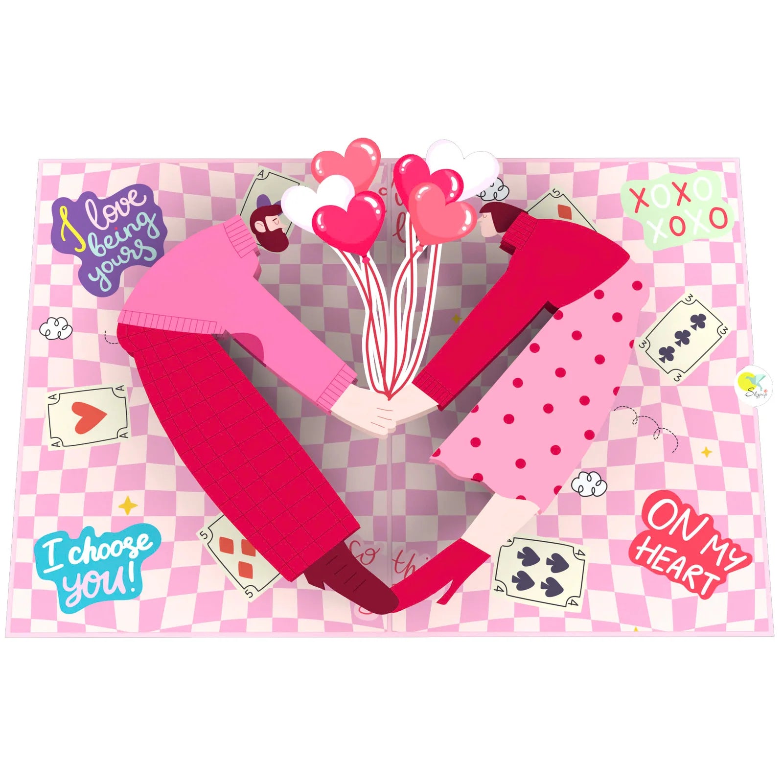 everpop 3D pop-up Forever and Always card – open showing couple on checkered Valentine scene