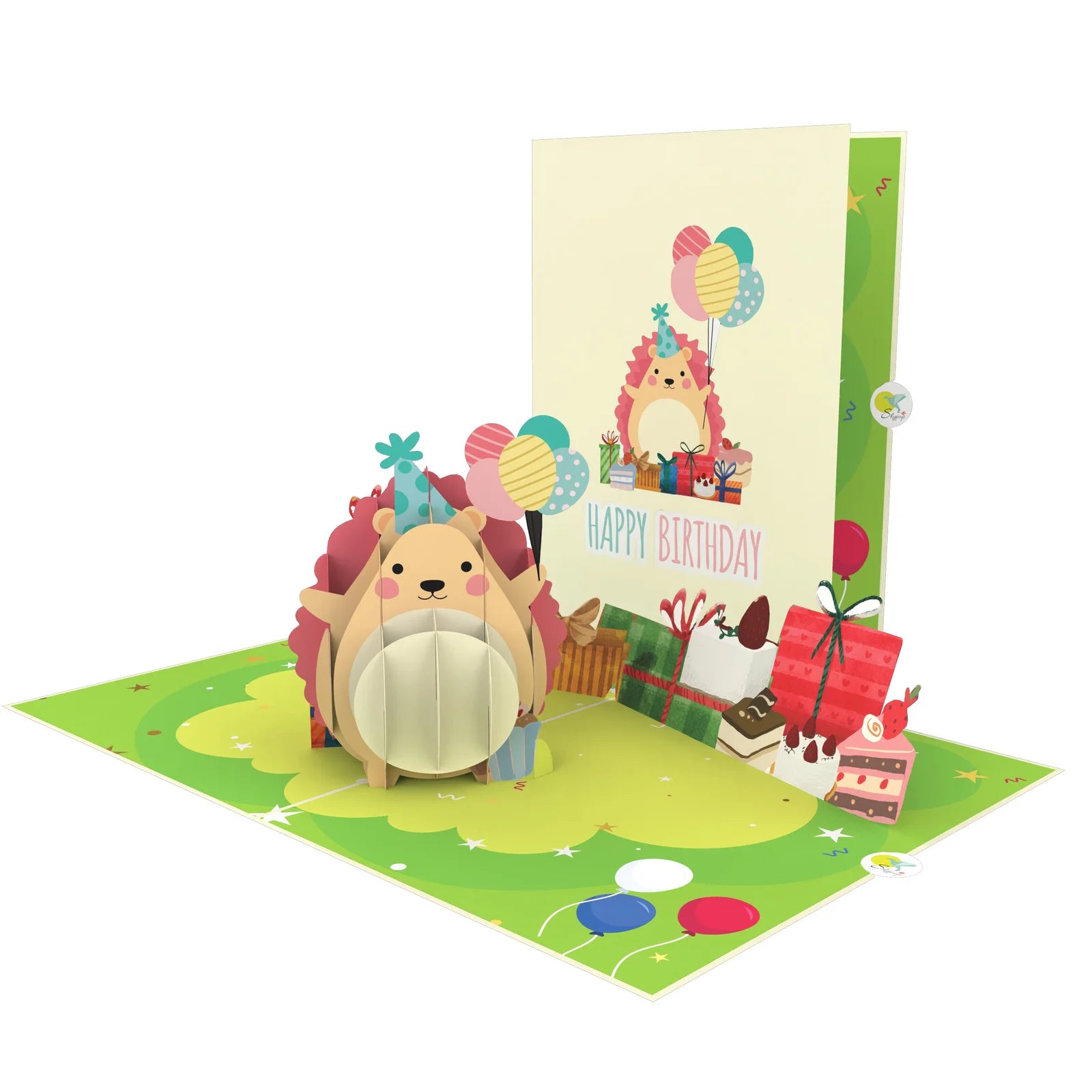 everpop 3D pop-up Happy Hedgehog Birthday card – hedgehog with balloons open with cover