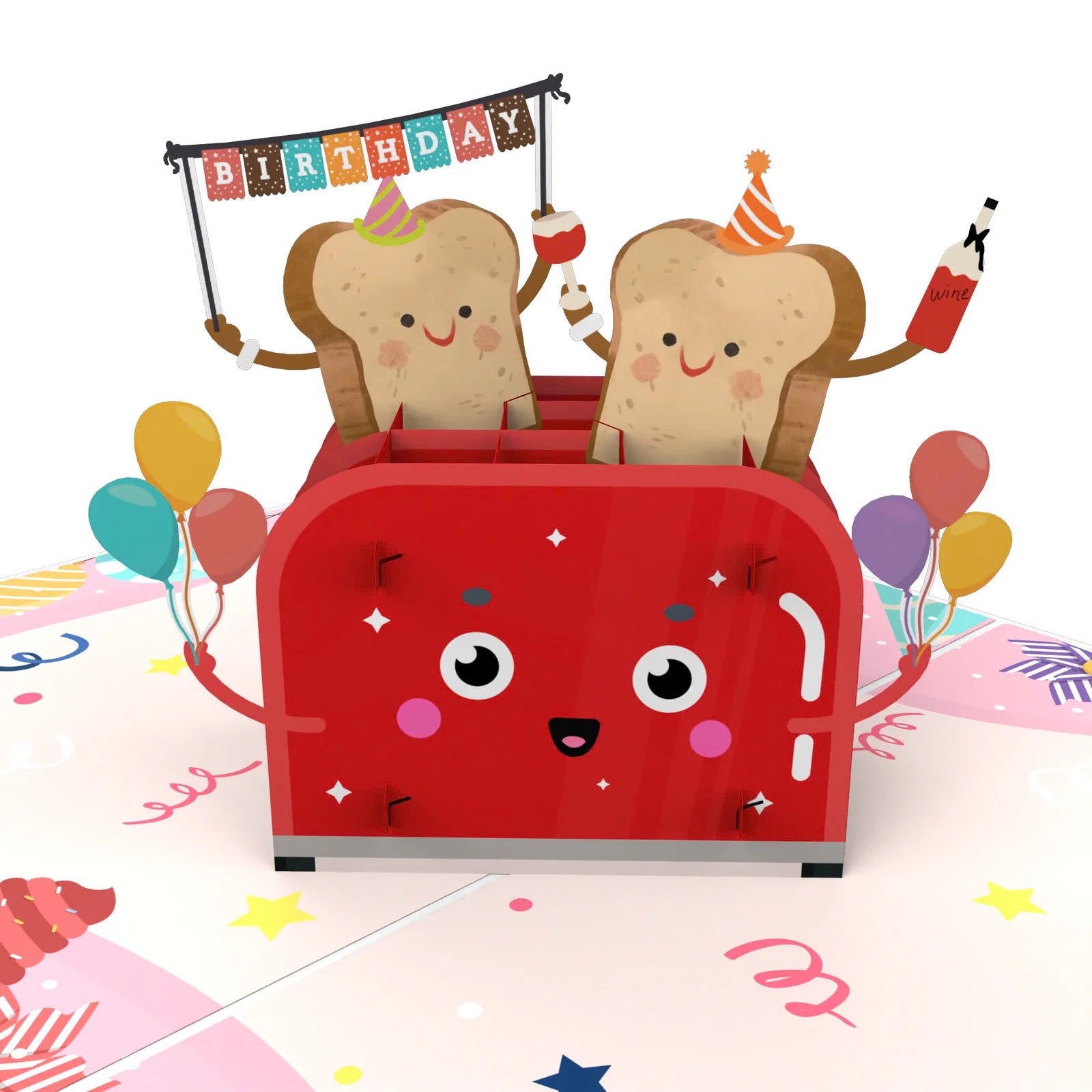 everpop 3D pop-up Happy Toast card – close-up of toast characters in party toaster pop-up