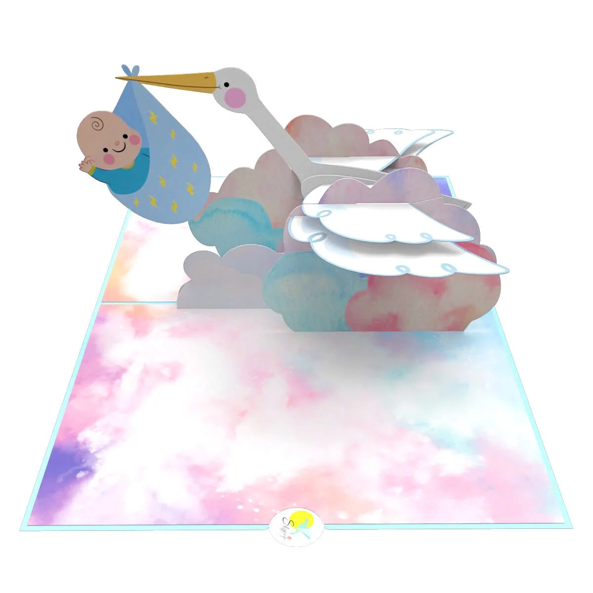 everpop 3D pop-up It's a Boy Stork card – open showing stork delivering baby scene
