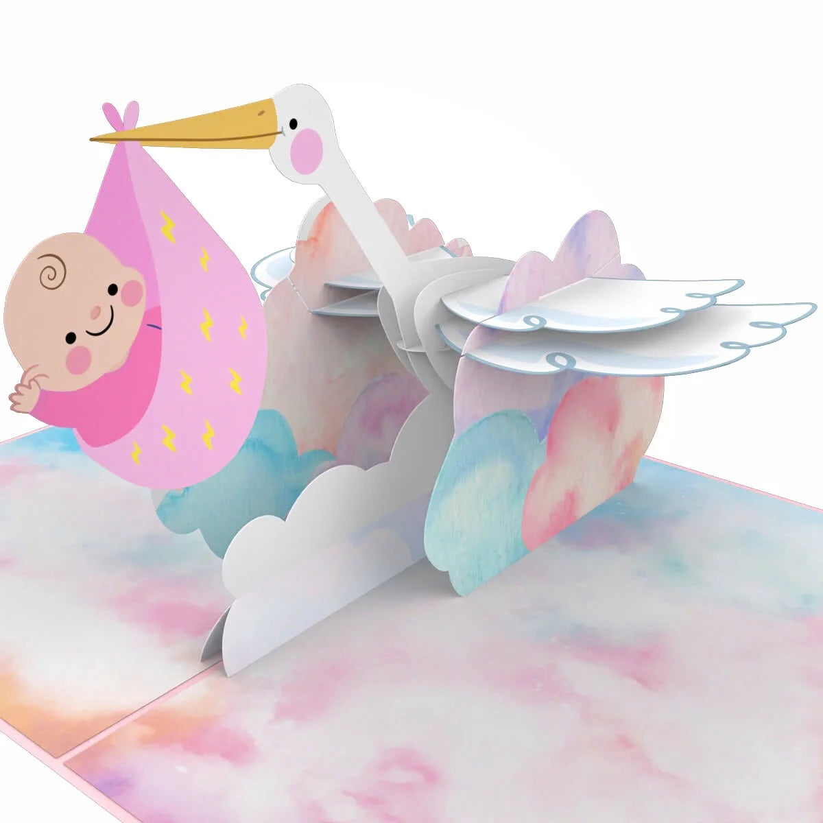 everpop 3D pop-up It's a Girl Stork card – close-up of stork and baby pop-up