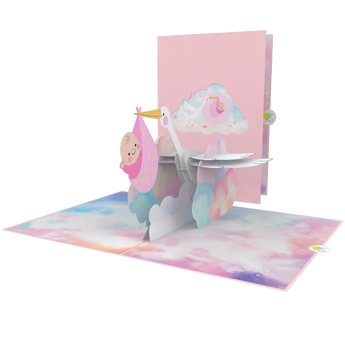 everpop 3D pop-up It's a Girl Stork card – pink stork carrying baby open with cover