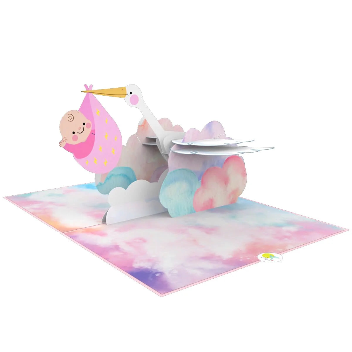 everpop 3D pop-up It's a Girl Stork card – open showing stork delivering baby girl