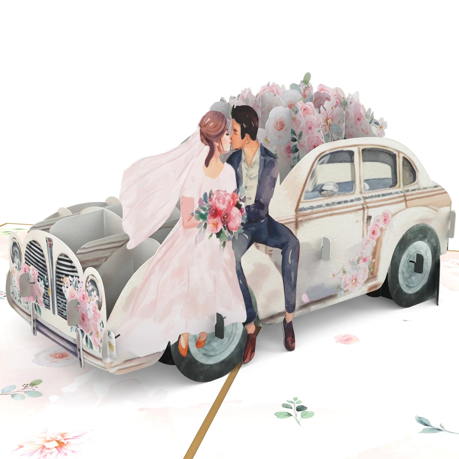 everpop 3D pop-up Just Married card – close-up of wedding couple on car pop-up