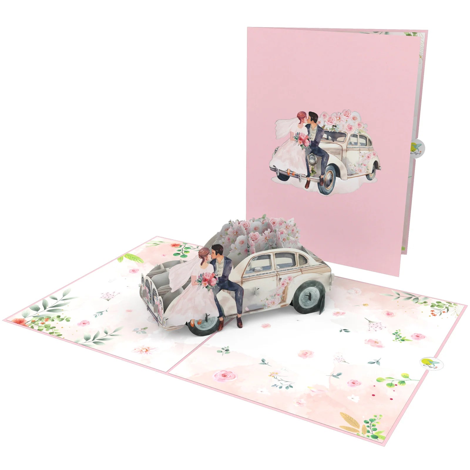 everpop 3D pop-up Just Married card – bride and groom on vintage car open with cover