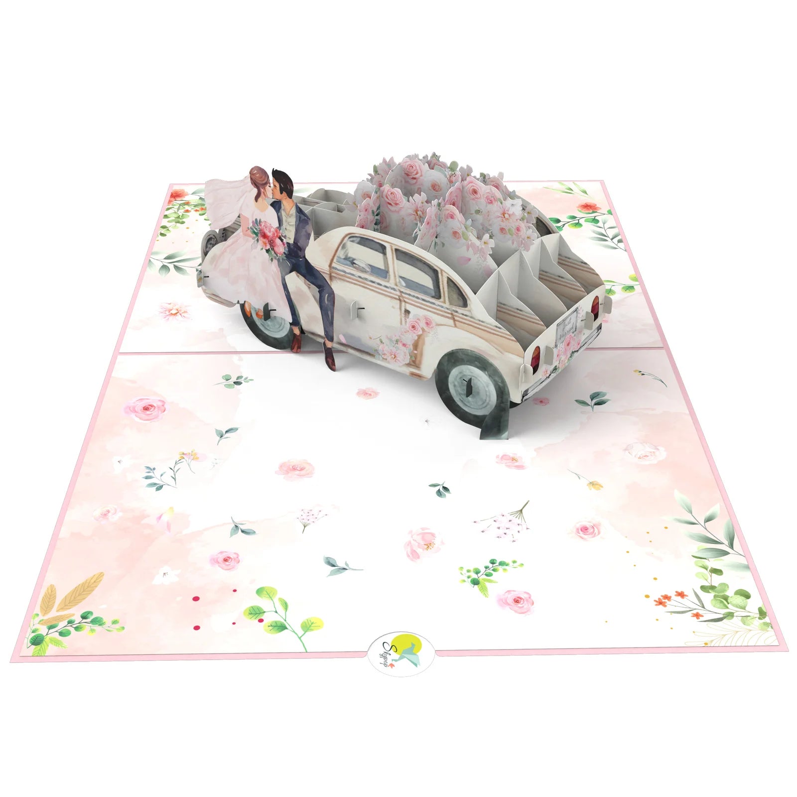 everpop 3D pop-up Just Married card – open showing bride and groom on vintage car