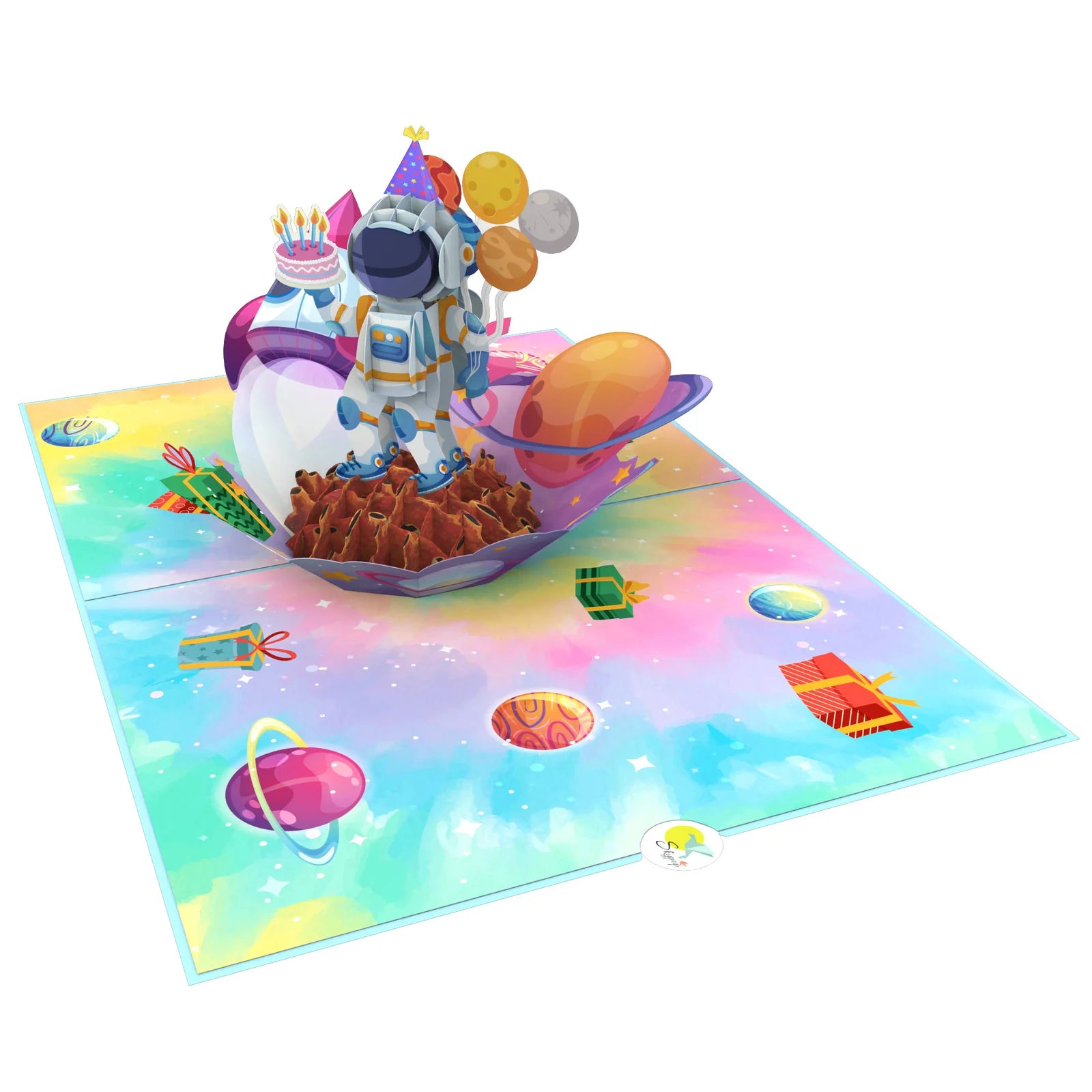 everpop 3D pop-up Love You to the Moon card – open showing astronaut celebrating in space