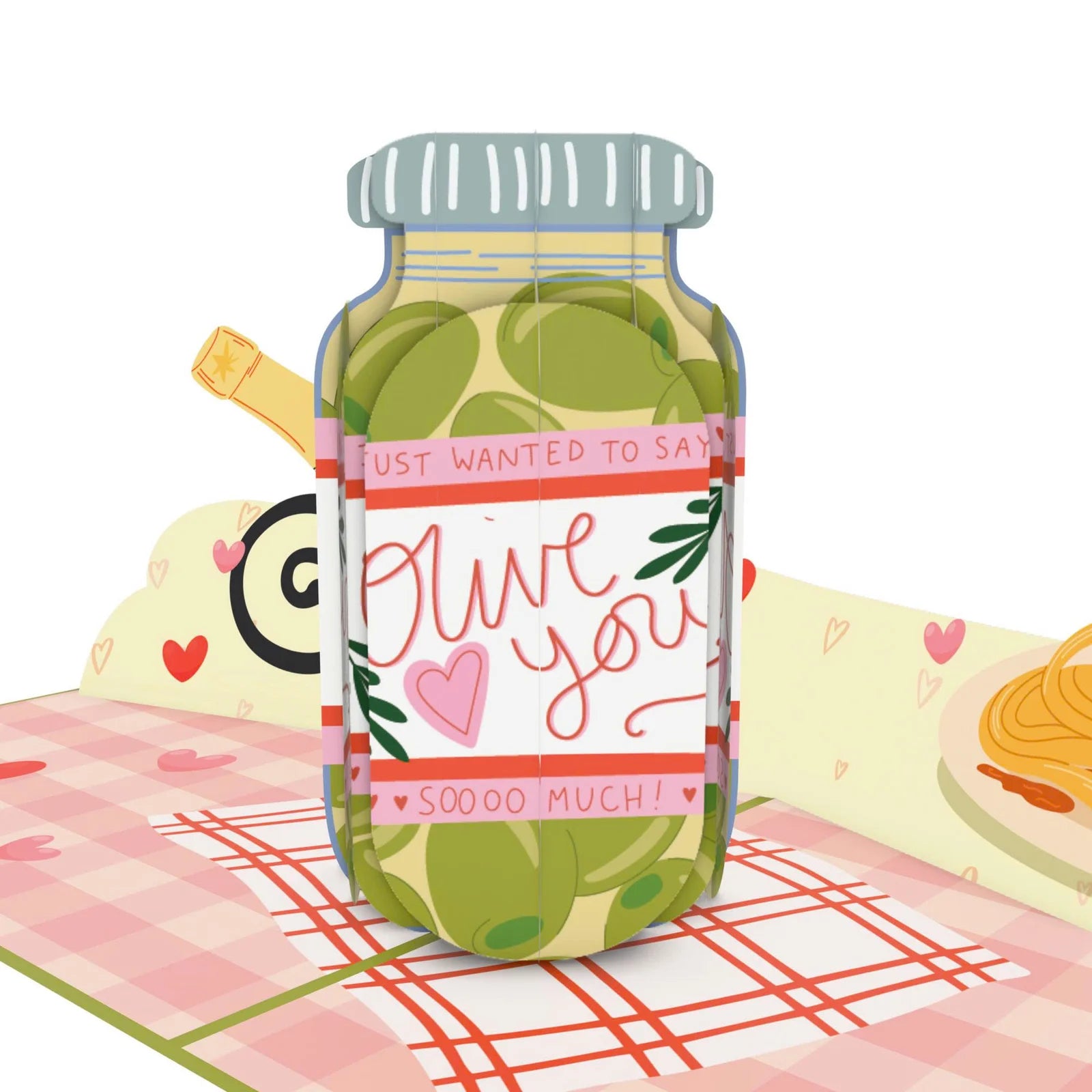 everpop 3D pop-up Olive You card – close-up of olive jar and spaghetti pop-up