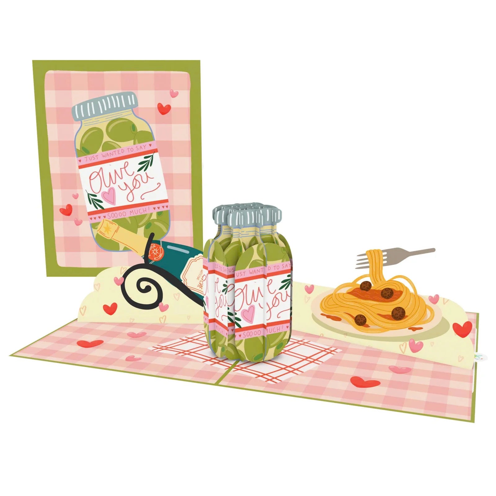 everpop 3D pop-up Olive You card – olive jar and pasta picnic scene open with cover