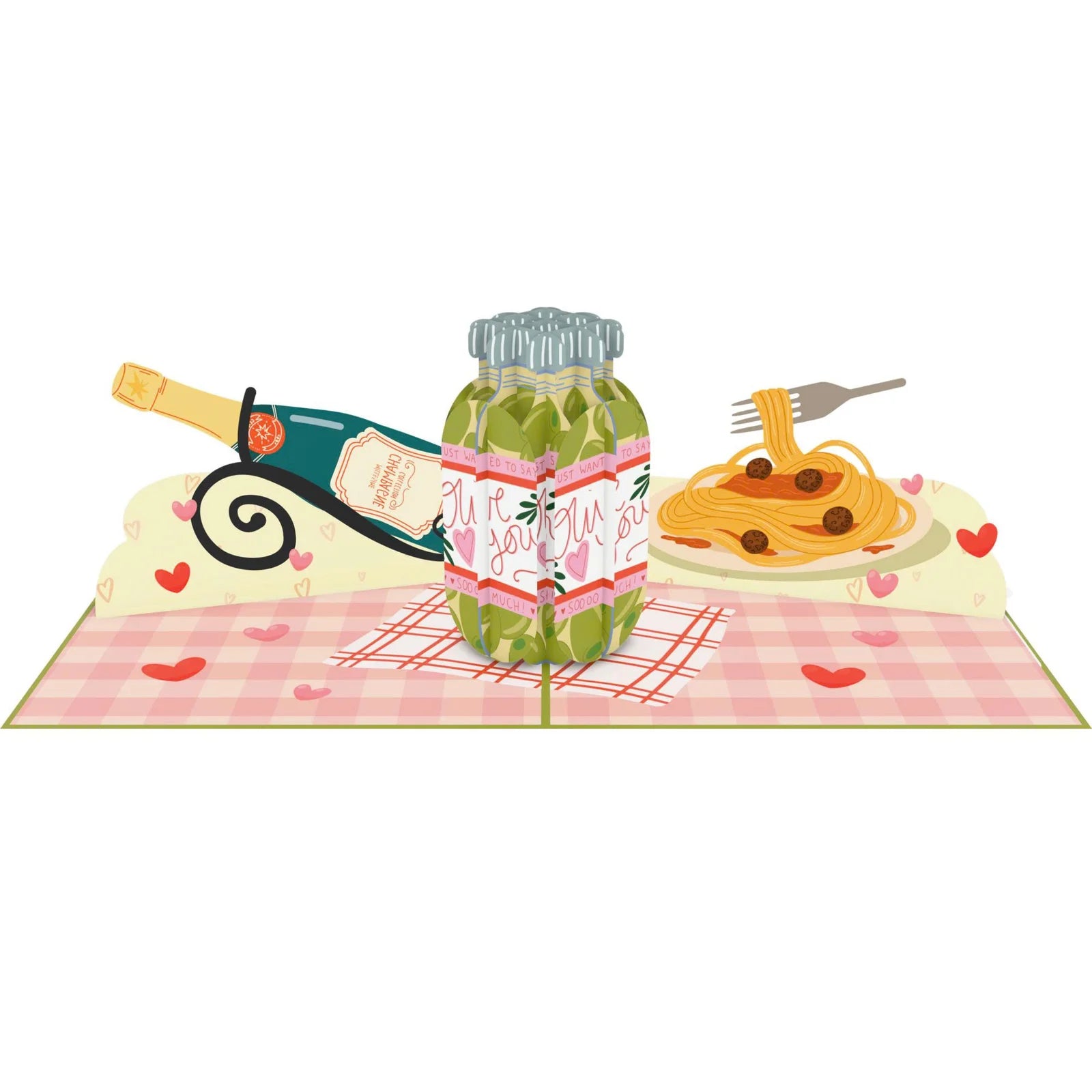everpop 3D pop-up Olive You card – open showing Italian picnic scene with olive jar