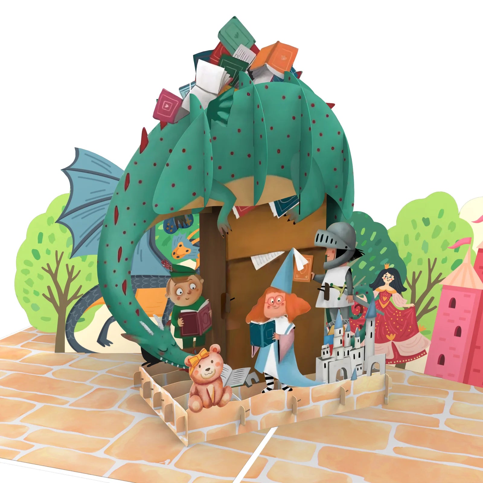 everpop 3D pop-up Once Upon an Island card – close-up of dragon and castle pop-up