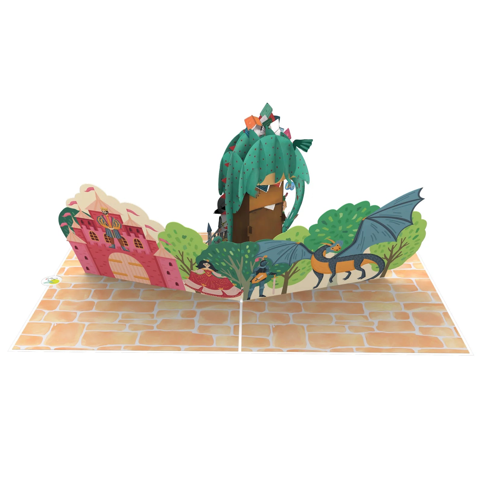 everpop 3D pop-up Once Upon an Island card – open showing dragon guarding a fairytale castle