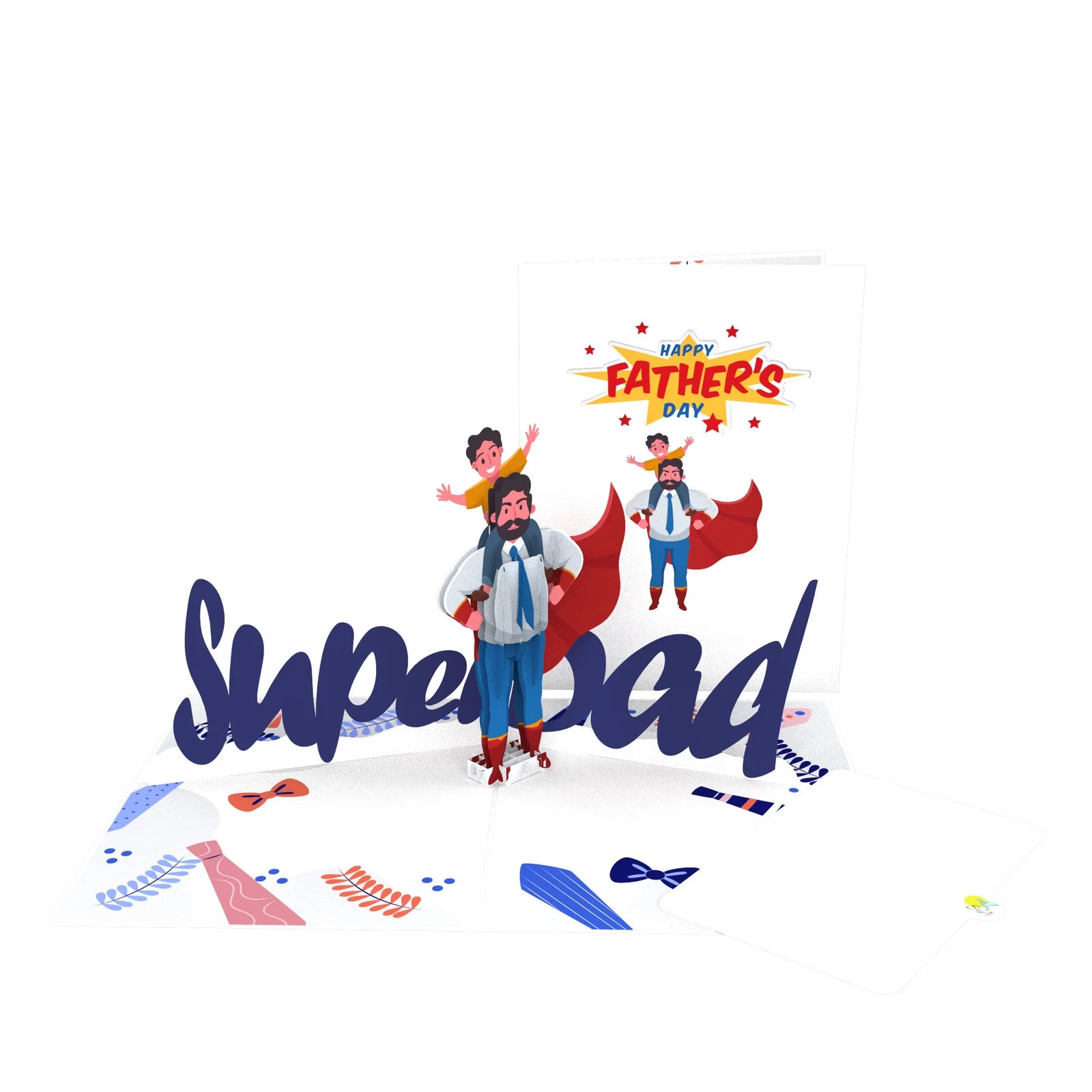 everpop 3D pop-up Superdad card – dad carrying child on shoulders with Superdad text open with cover