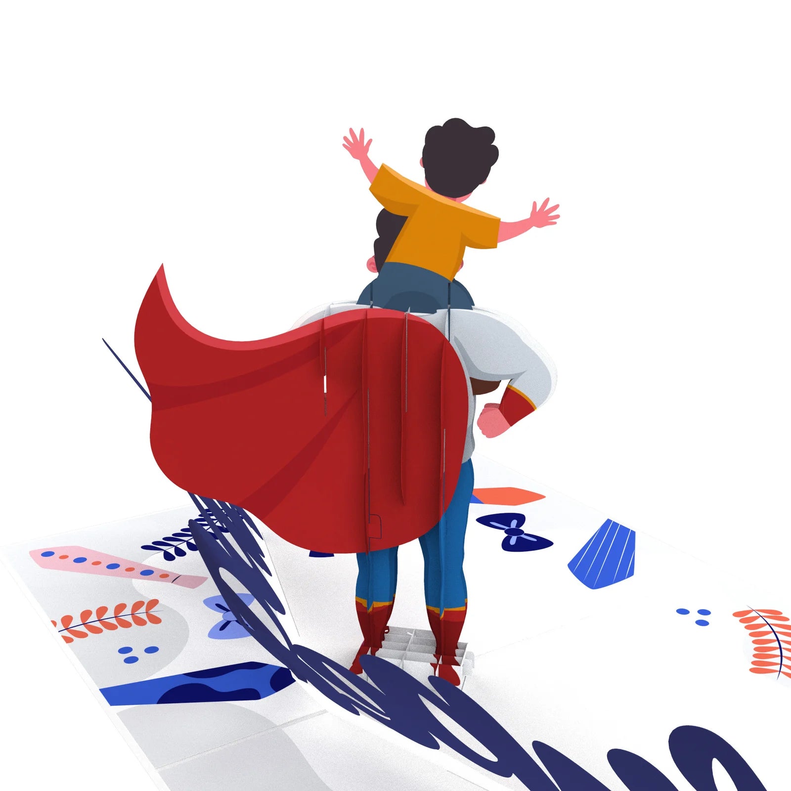everpop 3D pop-up Superdad card – open showing dad in cape with child on shoulders