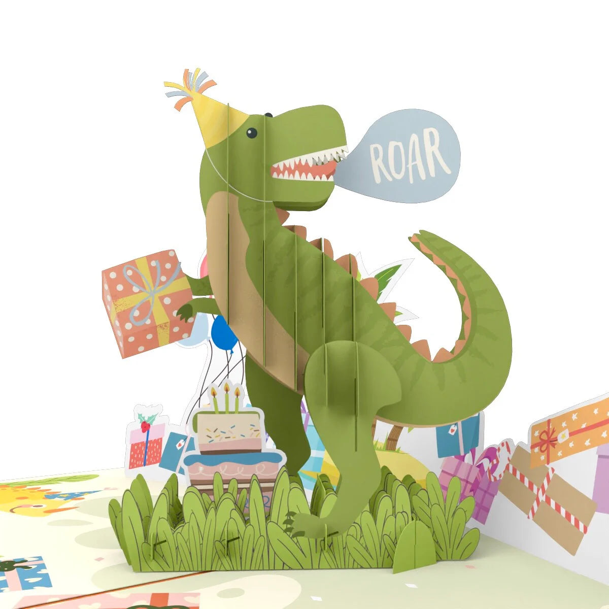 everpop 3D pop-up T-Rex Jungle Birthday card – close-up of T-Rex party pop-up