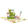 everpop 3D pop-up T-Rex Jungle Birthday card – open showing T-Rex roaring at birthday party