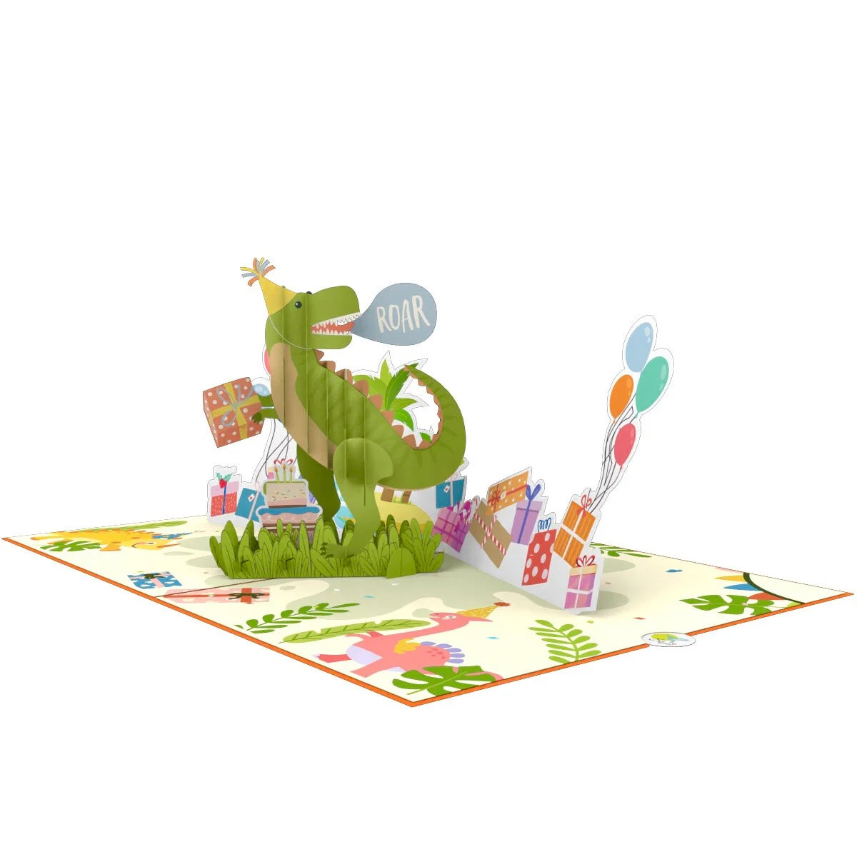 everpop 3D pop-up T-Rex Jungle Birthday card – open showing T-Rex roaring at birthday party