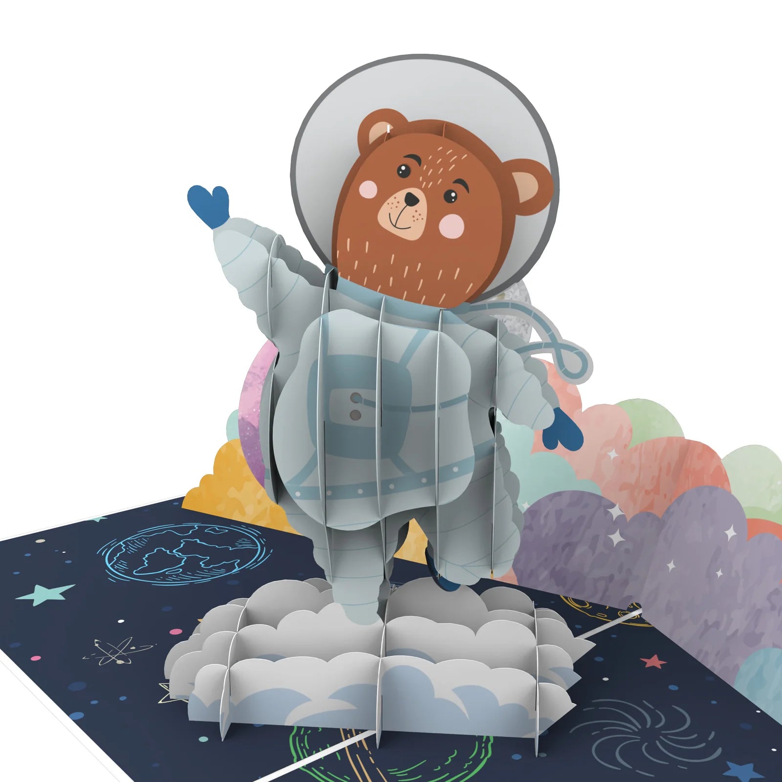 everpop 3D pop-up Teddy Takes Flight card – close-up of bear in spacesuit pop-up