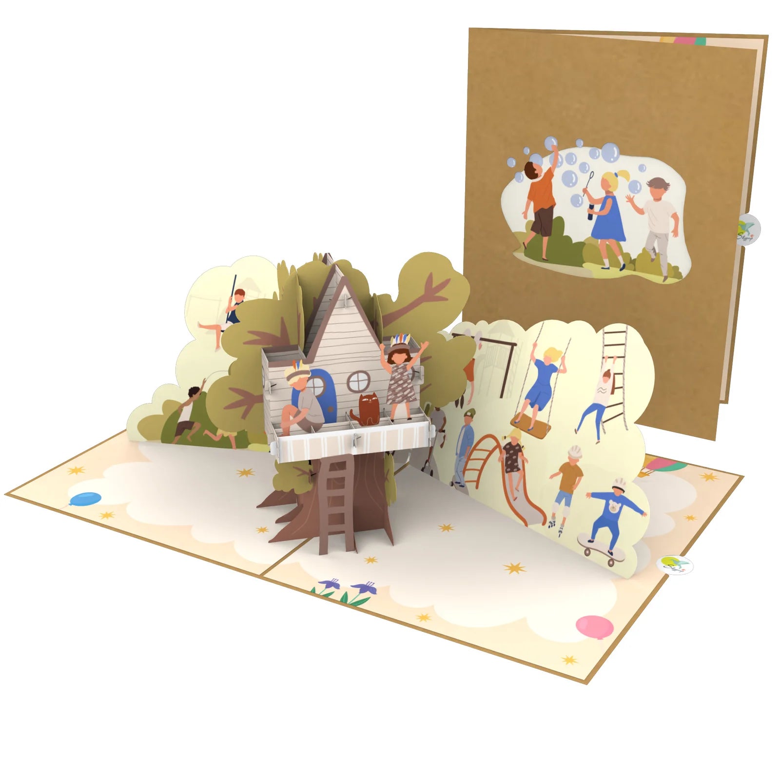 everpop 3D pop-up The Treehouse card – children playing around treehouse open with cover