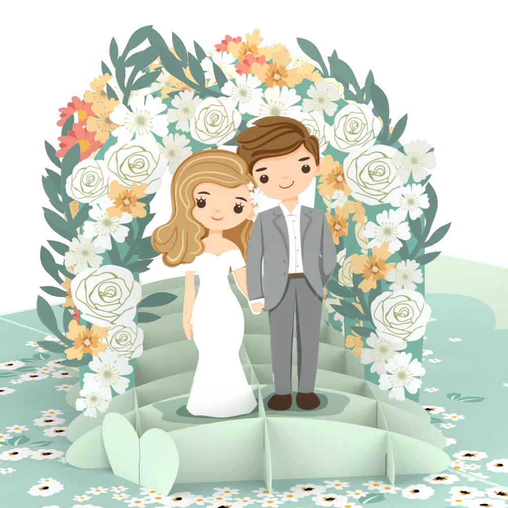 everpop 3D pop-up Through the Garden Gate card – close-up of couple under flower arch pop-up