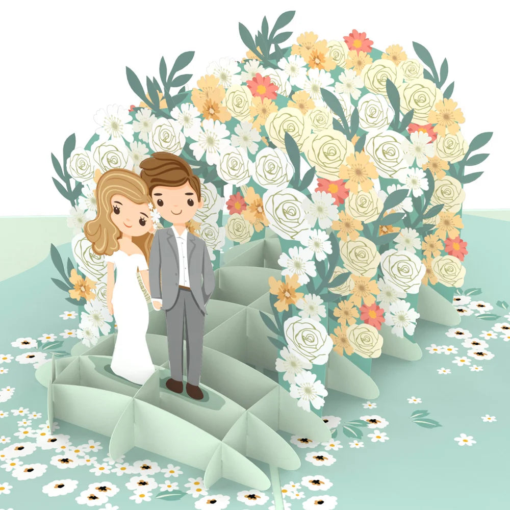 everpop 3D pop-up Through the Garden Gate card – open showing wedding couple in garden