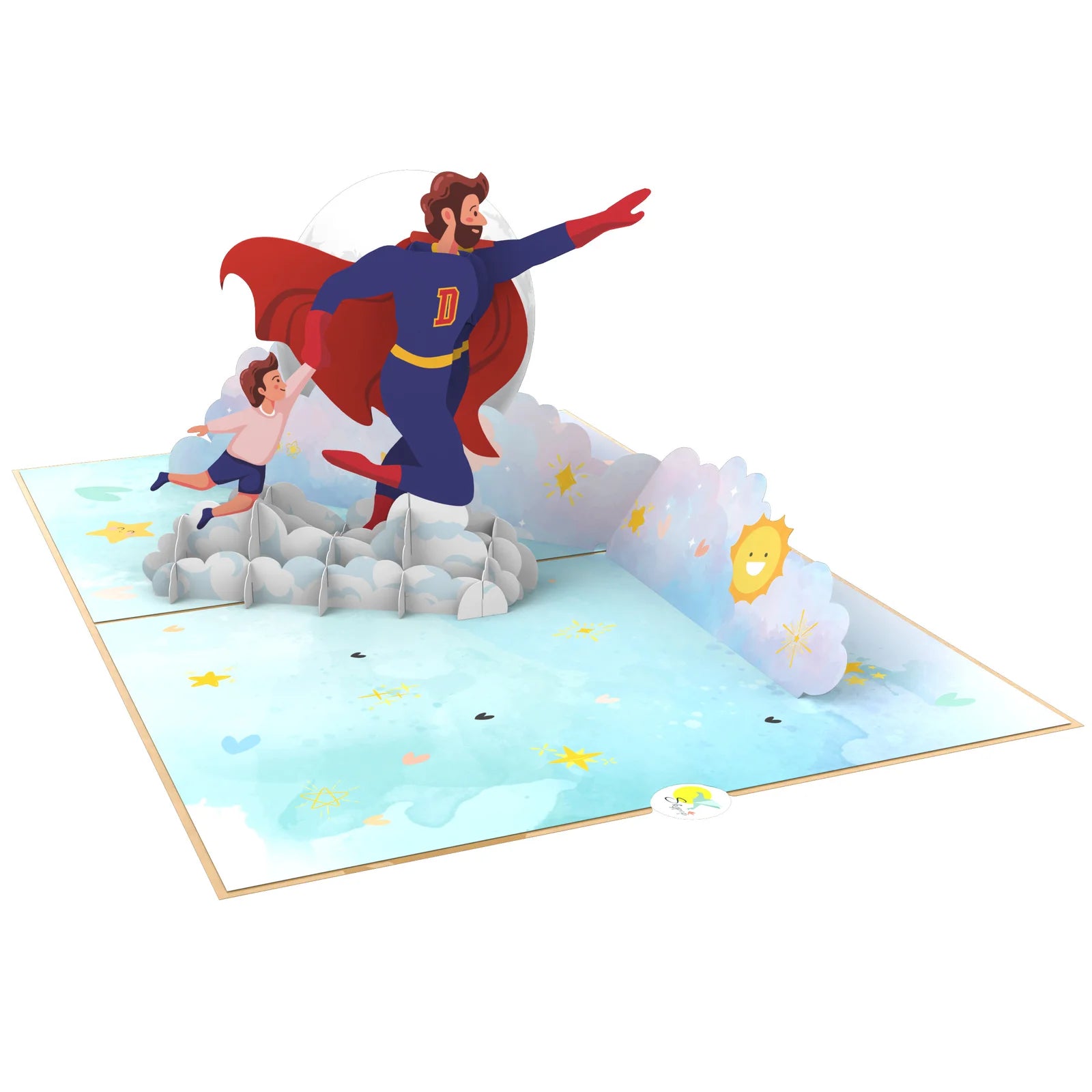 everpop 3D pop-up To the Moon With Dad card – close-up of superhero dad and child pop-up