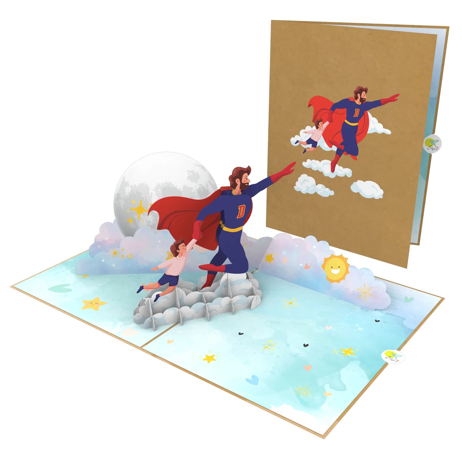everpop 3D pop-up To the Moon With Dad card – superhero dad and child on clouds open with cover