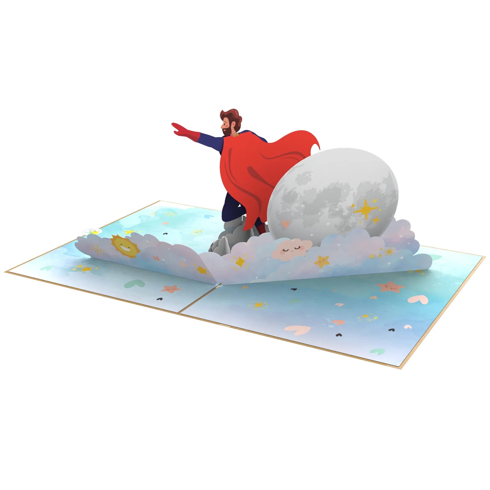 everpop 3D pop-up To the Moon With Dad card – open showing superhero dad flying with child by the moon