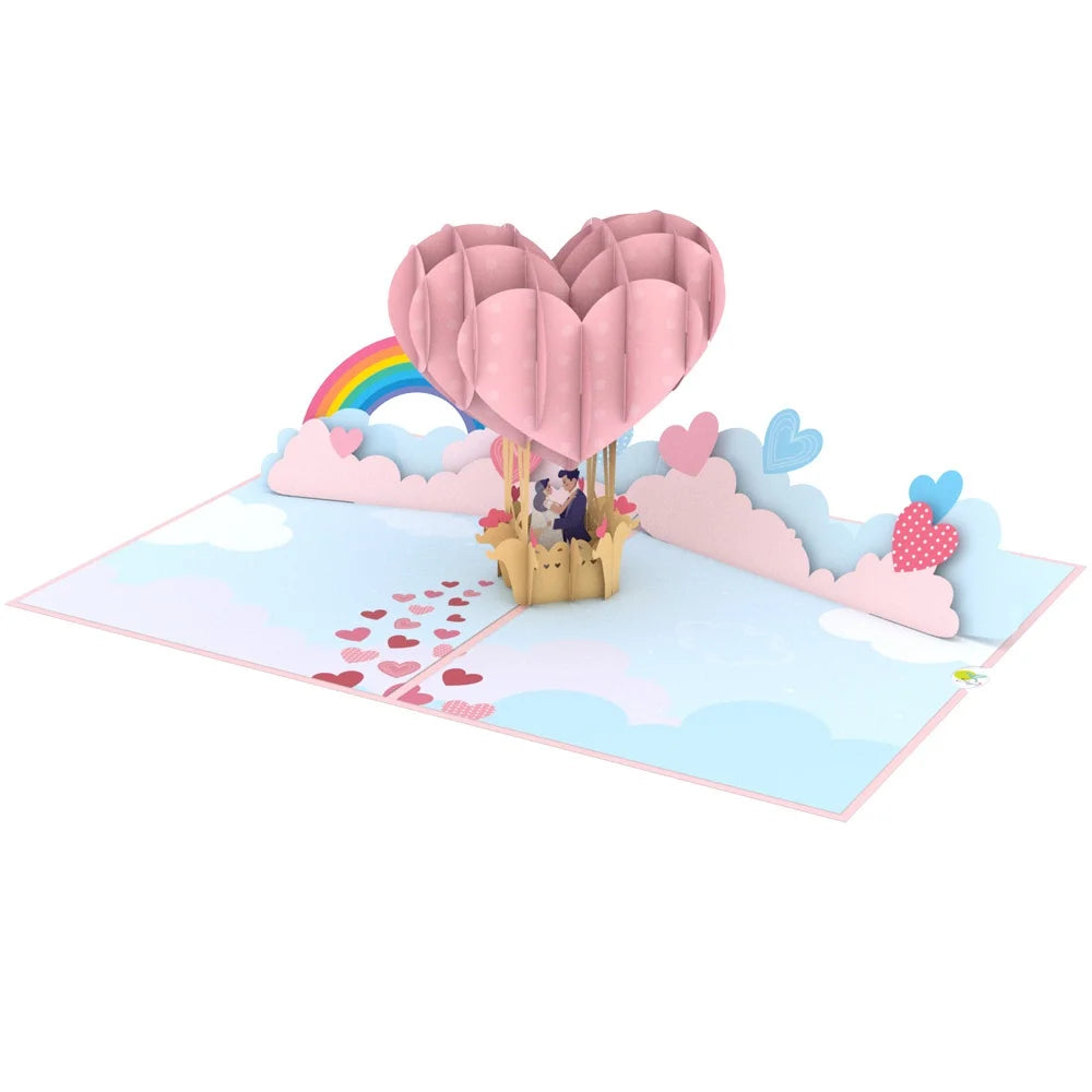 everpop 3D pop-up Up in the Clouds card – open showing couple floating in heart balloon