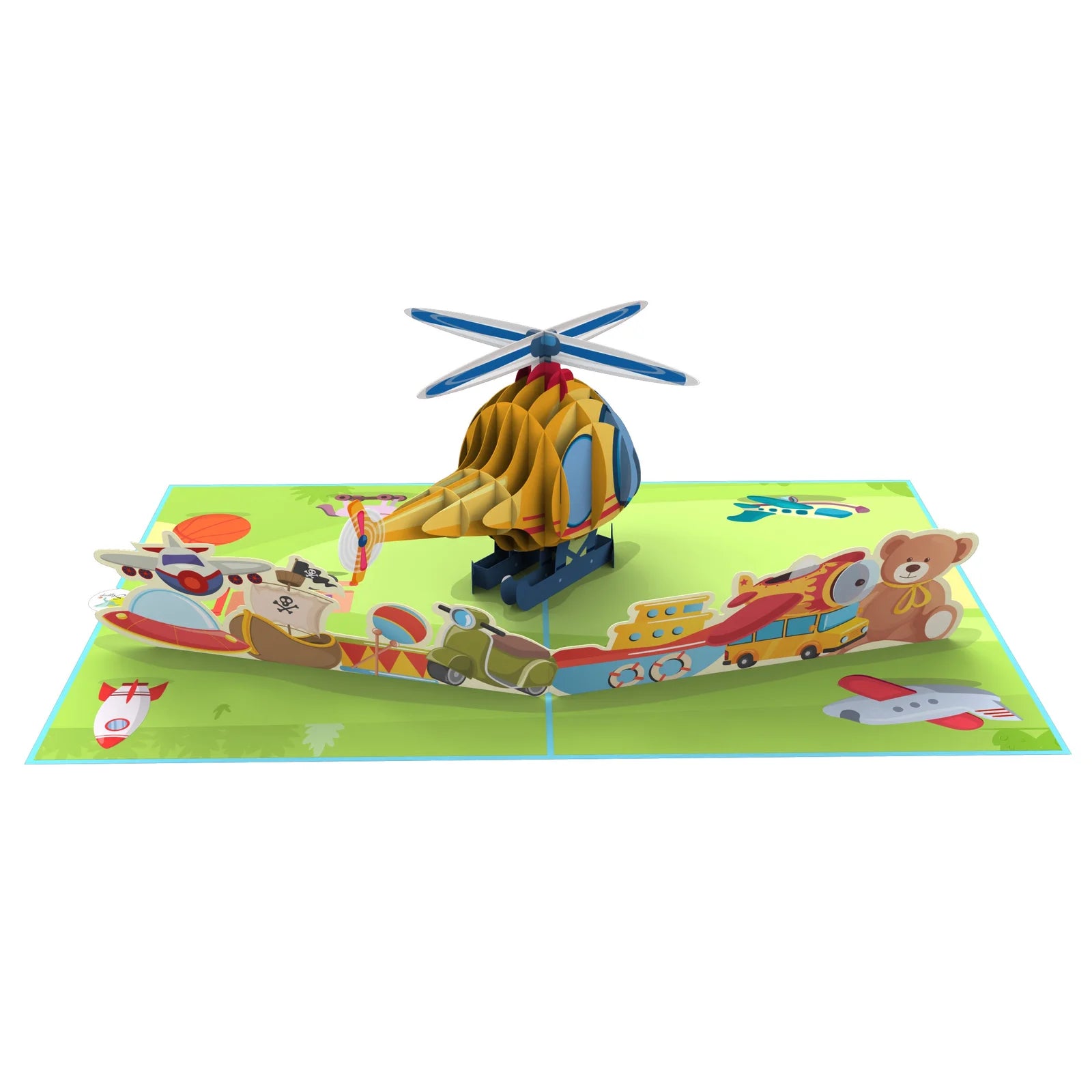 everpop 3D pop-up Up Up and Away card – open showing helicopter and toy scene