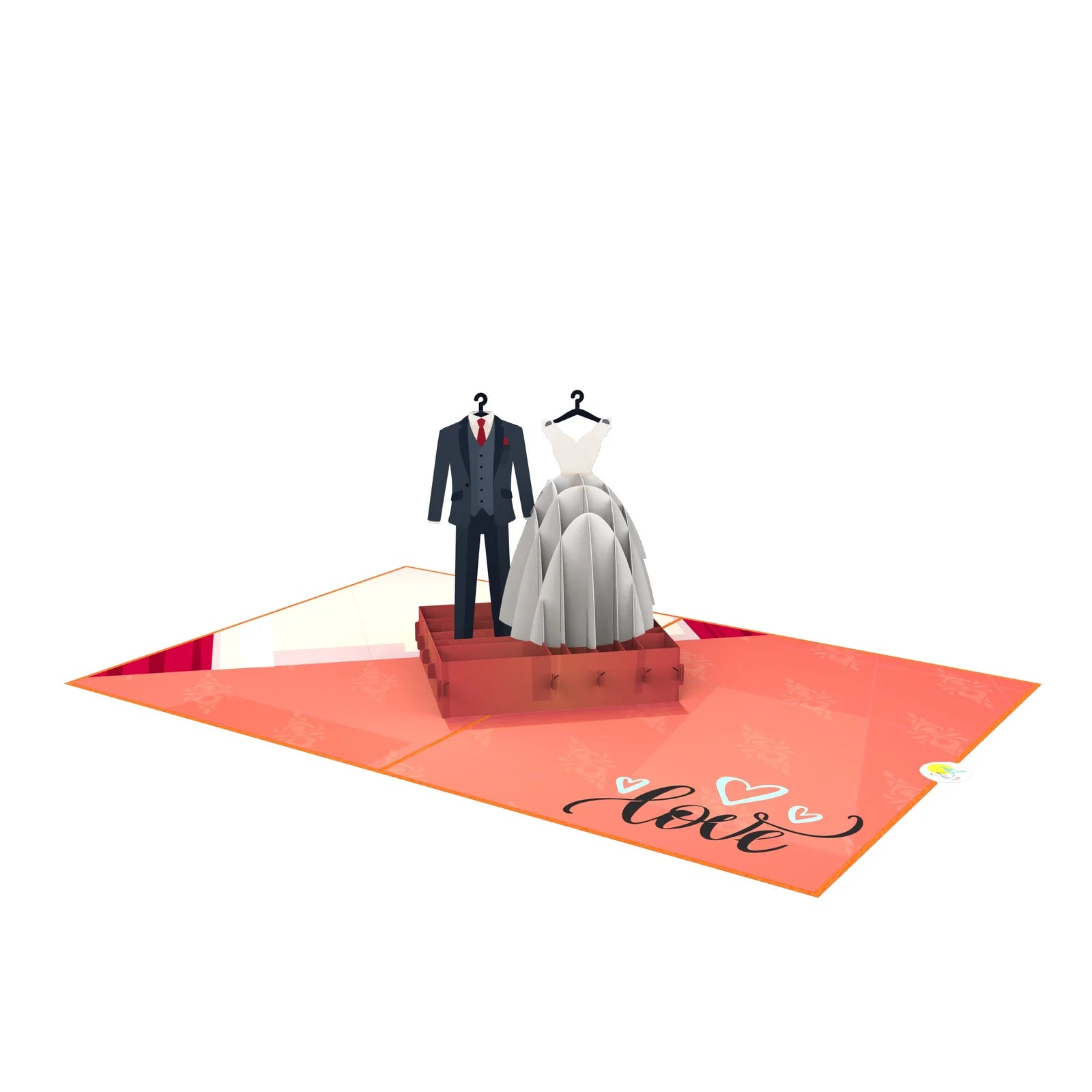 everpop 3D pop-up Wedding Suit and Gown card – open showing wedding outfits scene