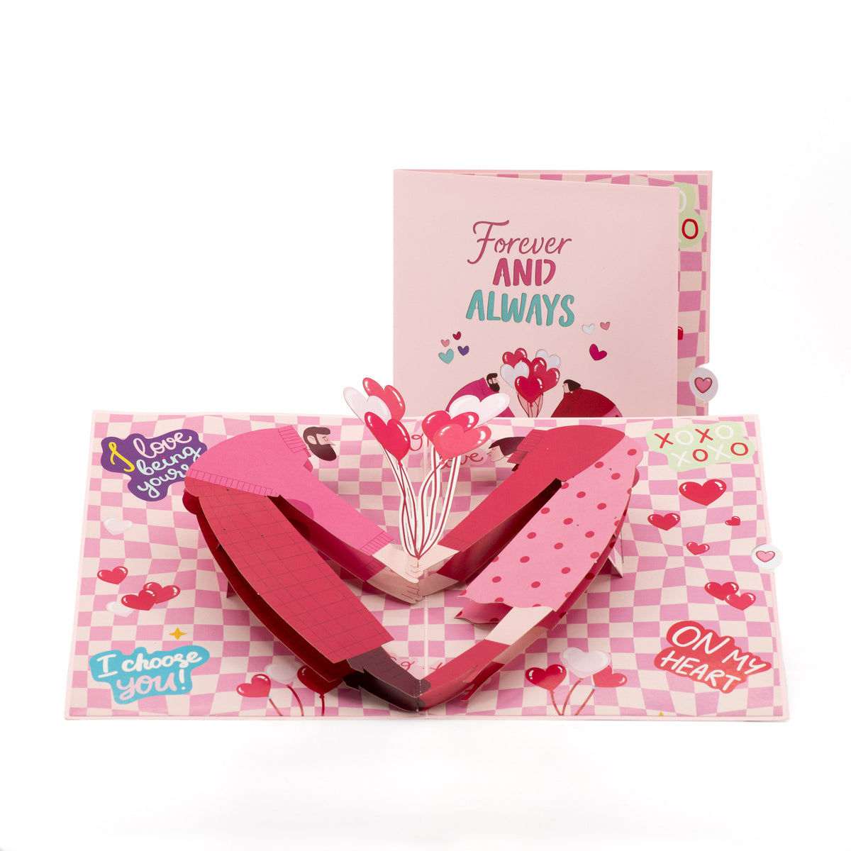 Forever and Always 3D pop-up card front view: couple with heart balloons, pink cover behind, everpop