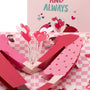 Forever and Always 3D pop-up card close-up: embracing pair holding heart balloons on a checkered base, everpop