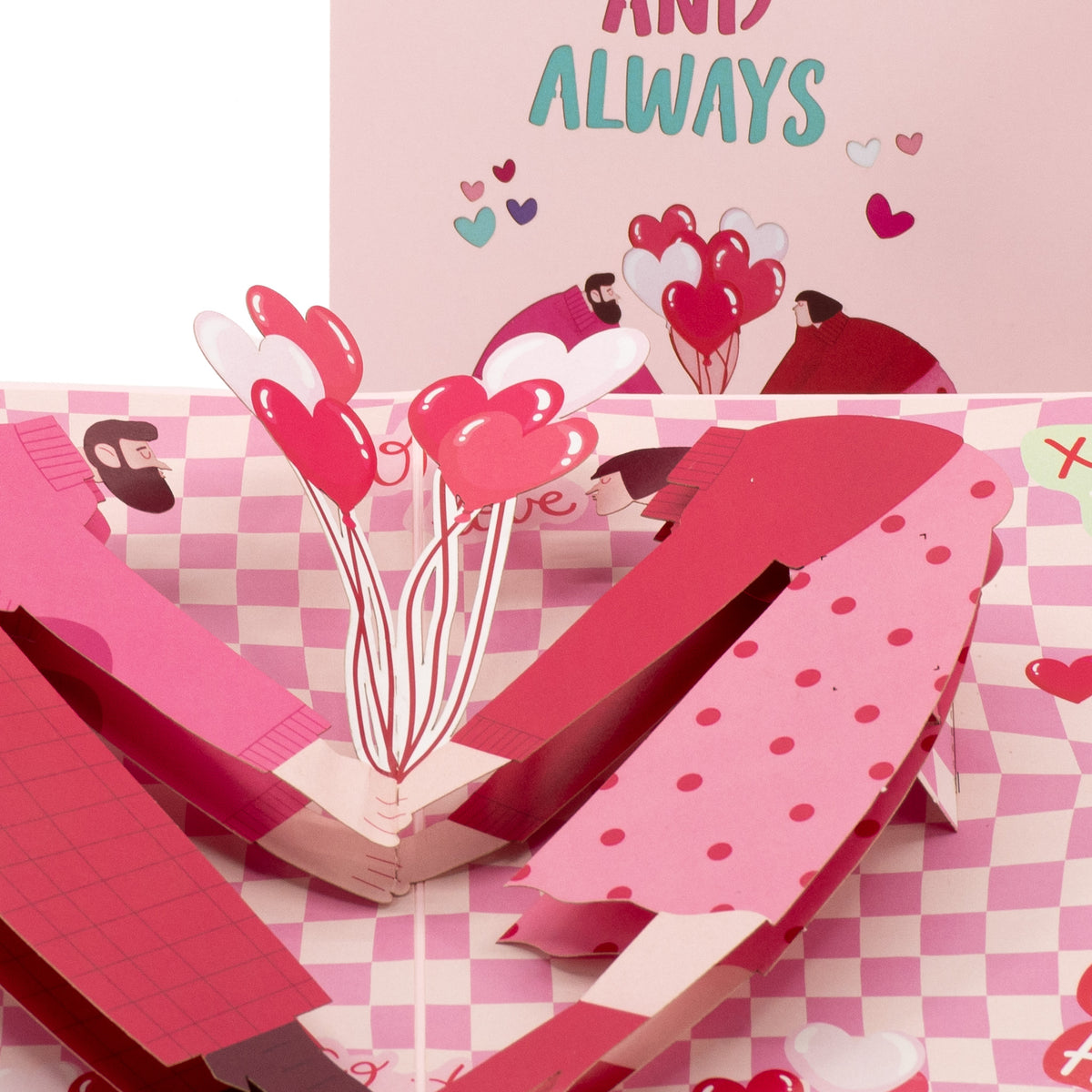 Forever and Always 3D pop-up card close-up: embracing pair holding heart balloons on a checkered base, everpop