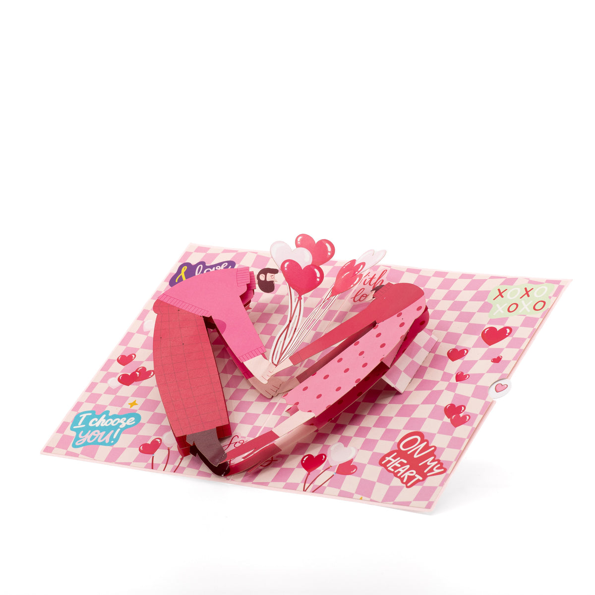 Forever and Always 3D pop-up card angle view: hugging couple pop-up with I choose you love notes, everpop
