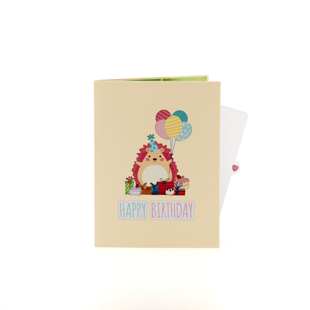 Happy Hedgehog Birthday 3D pop-up card closed — card only, cream cover with hedgehog and Happy Birthday text, everpop