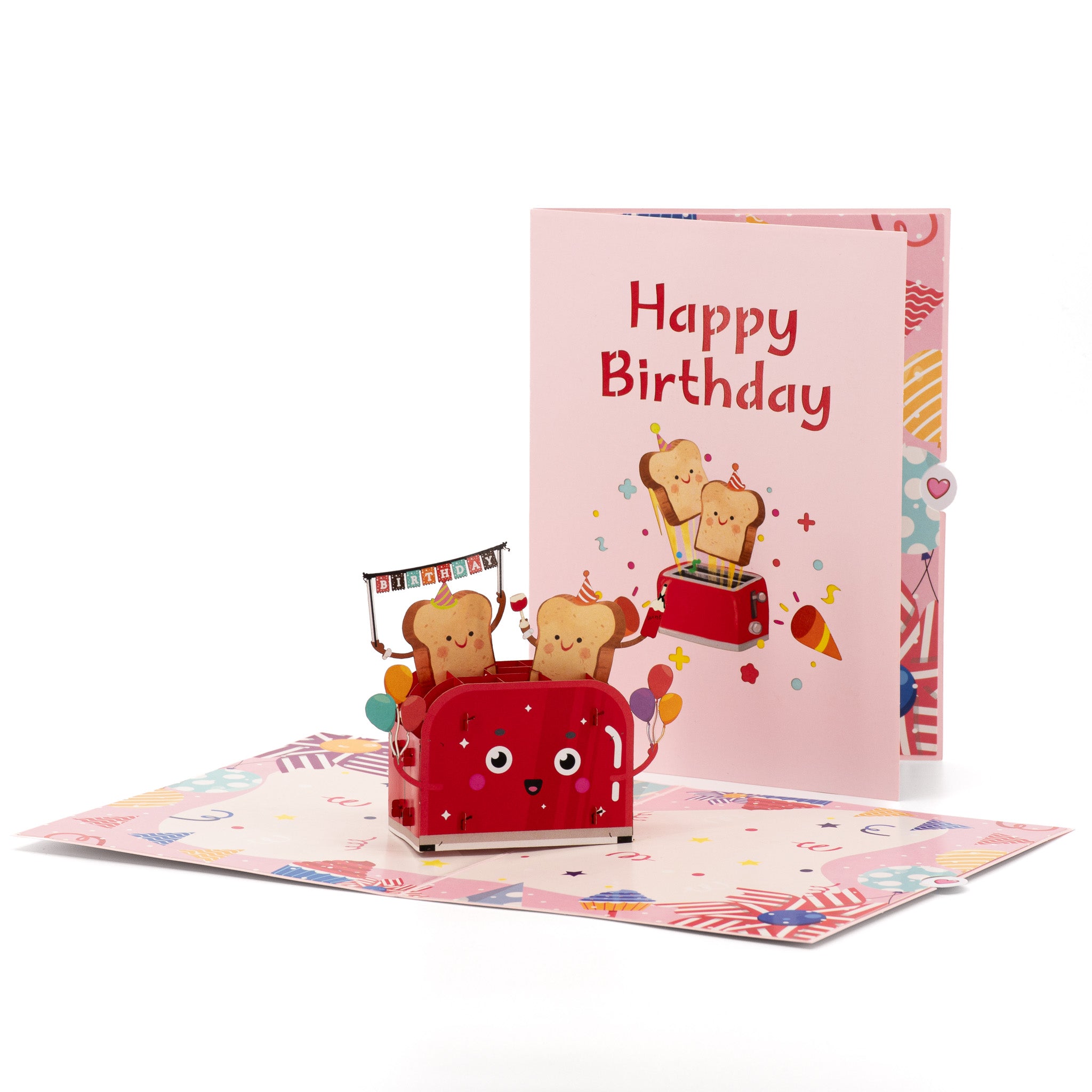 Happy Toast 3D pop-up card front view: toasts popping from a red toaster, pink cover behind, everpop