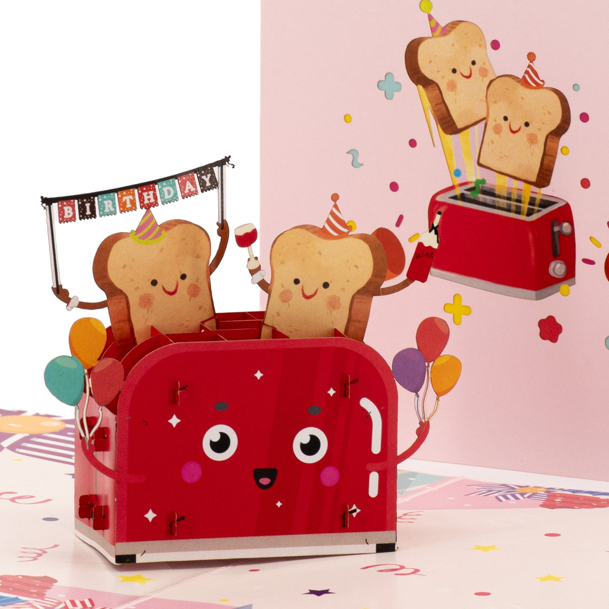 Happy Toast 3D pop-up card close-up: party toasts with birthday banner and wine in a smiling toaster, everpop