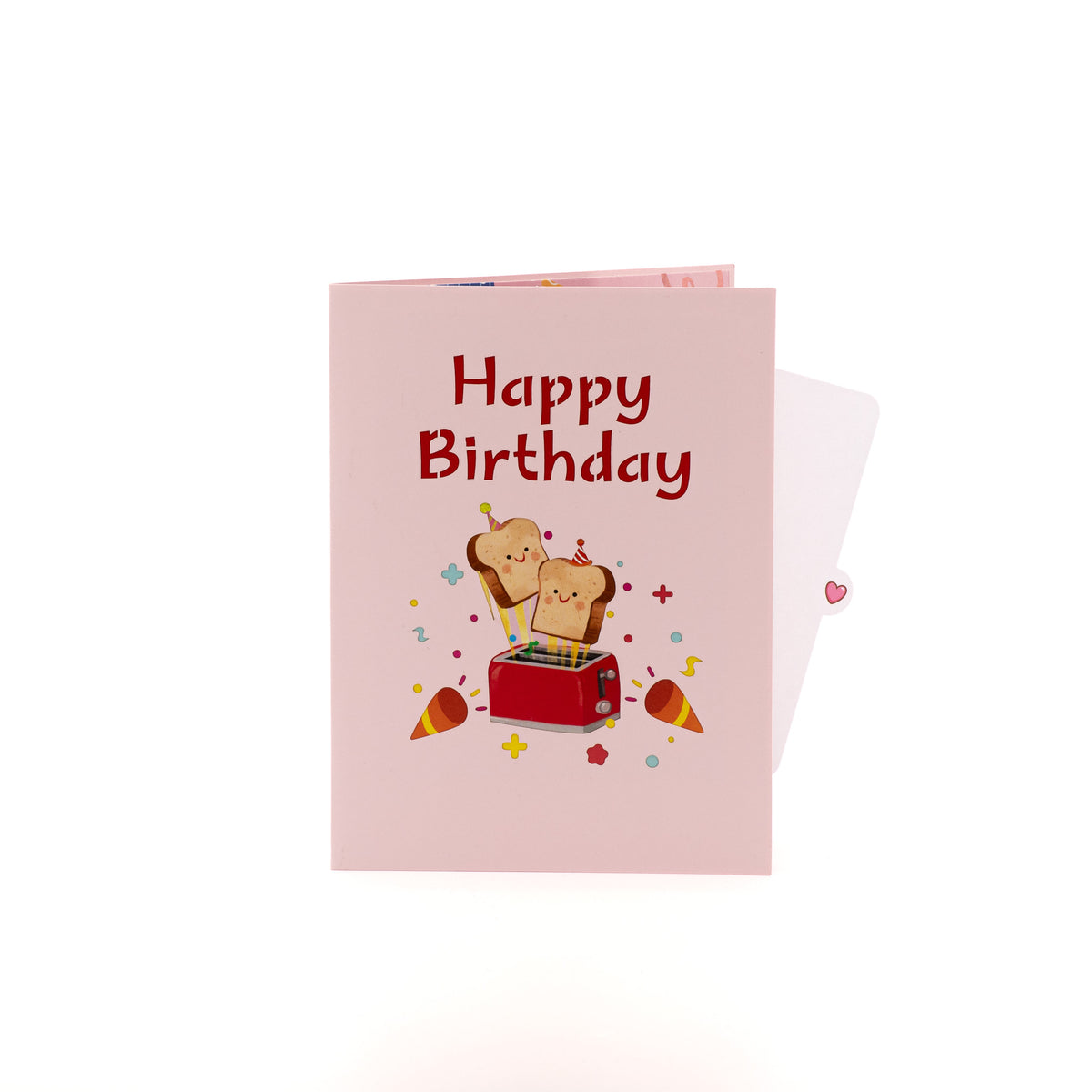 Happy Toast 3D pop-up card closed — card only, pink cover with toaster and Happy Birthday text, everpop