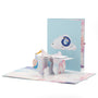 It's a Boy! Stork 3D pop-up card front view: stork carrying a baby boy, blue cloud cover behind, everpop