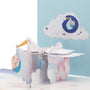 It's a Boy! Stork 3D pop-up card close-up: white stork with baby in a blue bundle over clouds, everpop