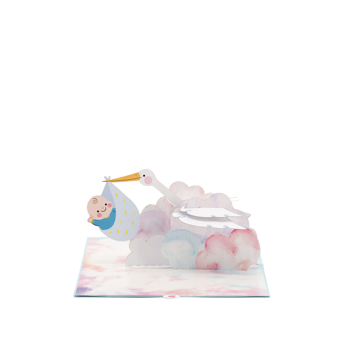 It's a Boy! Stork 3D pop-up card angle view: stork delivery pop-up on a watercolor cloud base, everpop